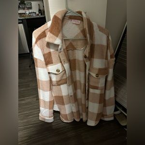 Tan and white pink lily plush jacket. Size S